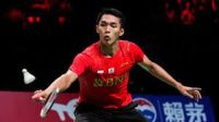 Selebrasi kemenangan tunggal putra Indonesia Jonatan Christie saat berhadapan dengan Wang Tzu Wei (Taiwan). ( foto: indosport )